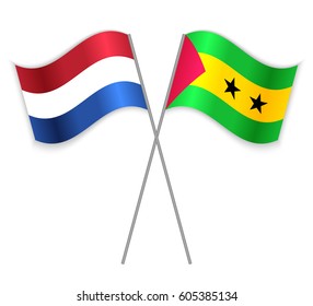 Dutch and Sao Tomean crossed flags. Netherlands combined with Sao Tome and Principe isolated on white. Language learning, international business or travel concept.