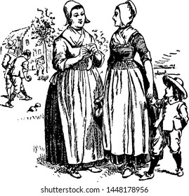 Dutch settlers,vintage engraved illustration drawing.