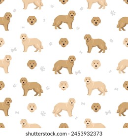 Dutch Smoushond seamless pattern. Different poses, coat colors set.  Vector illustration