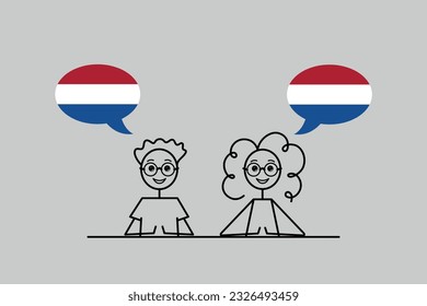 dutch speakers, cartoon boy and girl with speech bubbles in Netherlands flag colors, learning dutch language vector illustration