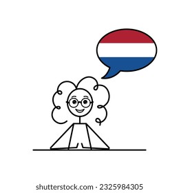dutch speaking cartoon girl with speech bubble in flag of Netherlands colors, female character learning netherlandic language vector illustration, black line sketch