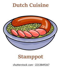 Dutch stamppot of potatoes, cabbage and carrots, with sausages closeup on a plate. 