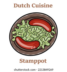 Dutch stamppot of potatoes, cabbage and carrots, with sausages closeup on a plate. 