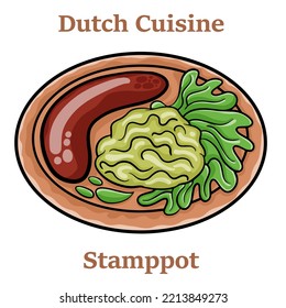 Dutch stamppot of potatoes, cabbage and carrots, with sausages closeup on a plate. 