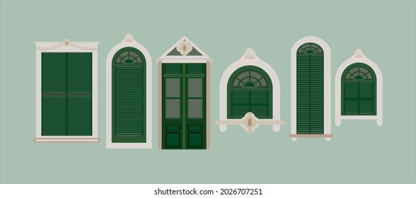 Dutch style windows and doors. Different variations and types accompanied by classic colors. Interior and exterior elements. Illustration vector.