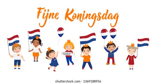 Dutch text: Happy King's Day. Lettering. vector illustration. element for flyers, banner and posters. Modern calligraphy. Fijne Koningsdag. kids logo