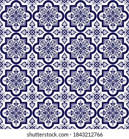 Dutch tile pattern vector seamless with floral motif. Portuguese azulejos, sicily italian majolica, mexican talavera, spanish, delft ceramic. Background for wallpaper, kitchen wall or bathroom floor.