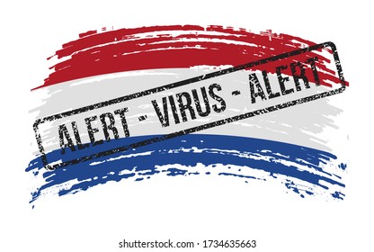 Bandera holandesa rota con un sello con las palabras virus de alerta, imagen vectorial
