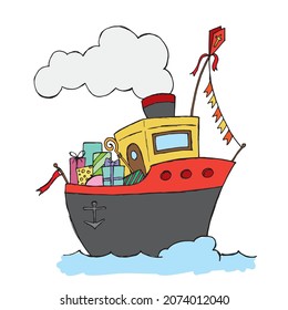 dutch traditional steam boat of santa claus stacked with gifts