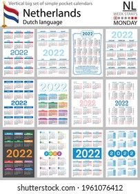 Dutch vertical Big set of pocket calendars for 2022 (two thousand twenty two). Week starts Monday. New year. Color simple design. Vector