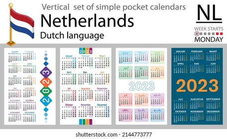 Dutch vertical pocket calendar for 2023 (two thousand twenty three). Week starts Monday. New year. Color simple design. Vector