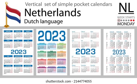 Dutch vertical pocket calendar for 2023 (two thousand twenty three). Week starts Monday. New year. Color simple design. Vector