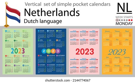 Dutch vertical pocket calendar for 2023 (two thousand twenty three). Week starts Monday. New year. Color simple design. Vector