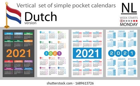 Dutch vertical set of pocket calendars for 2020 (two thousand twenty one). Week starts Monday. New year. Color simple design. Vector