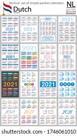 Juego vertical holandés de calendarios de bolsillo para 2021 (dos mil veintiuno). La semana empieza el lunes. Año nuevo. Diseño sencillo en color. Vector