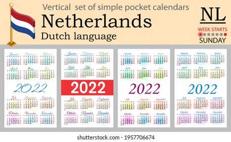 Dutch vertical set of pocket calendars for 2022 (two thousand twenty two). Week starts Sunday. New year. Color simple design. Vector