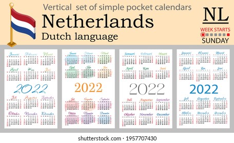 Dutch vertical set of pocket calendars for 2022 (two thousand twenty two). Week starts Sunday. New year. Color simple design. Vector