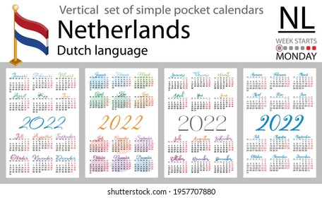 Dutch vertical set of pocket calendars for 2022 (two thousand twenty two). Week starts Monday. New year. Color simple design. Vector