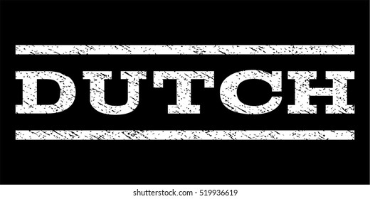 Dutch watermark stamp. Text tag between horizontal parallel lines with grunge design style. Rubber seal stamp with unclean texture. Vector white color ink imprint on a black background.