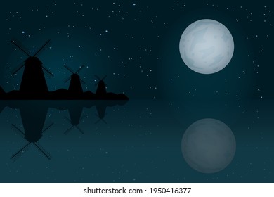 Molinos de viento holandeses. Paisaje nocturno con molinos de viento, luna, cielo estrellado y reflexión en el agua.Vieja silueta de molinos de viento a la luz de la luna.Turbinas eólicas en una tranquila costa lacustre por la noche.Ilustración vectorial de material