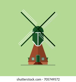 Dutch windmill building architecture Netherlands mill on green background vector