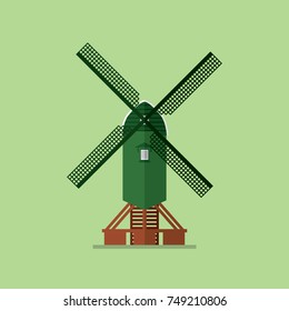 Dutch windmill building architecture Netherlands mill on green background vector