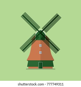 Dutch windmill building architecture Netherlands mill on green background vector