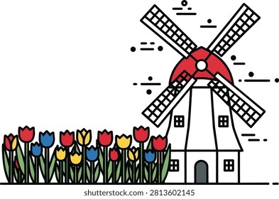 Dutch Windmill and Colorful Tulips Flat Vector Illustration
