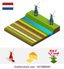 Dutch windmill and colorful tulips flowers, Netherlands. Symbols Holland cheese, windmill, tulips, flag. Flat 3d vector isometric illustration