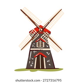 Dutch windmill landmark with tall tower, rotating blades, red roof details, rural architecture form, countryside symbol. Windmill design with bold outlines, cartoon vector illustration.
