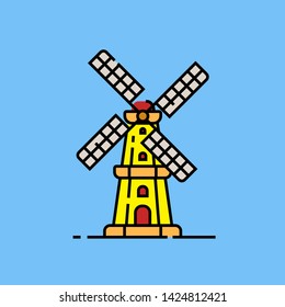 Dutch windmill line icon. Netherlands old mill tower symbol. Traditional Holland farm building graphic. Vector illustration.