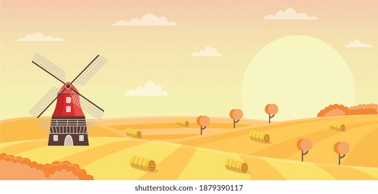Dutch windmill with millstones for processing of grain. Colorful horizontal banner with holland rural landscape, countryside mill and agriculture fields. Flat vector illustration