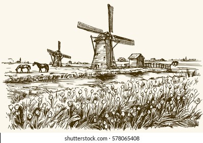 Dutch windmill, romantic landscape.