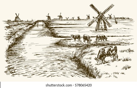 Dutch windmill, romantic landscape with cows.