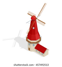 Dutch windmills isometric. Vector illustration isolated on a white background