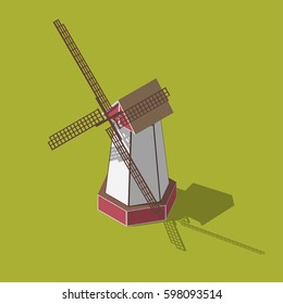 Dutch windmills isometric. Vector illustration isolated on a green background