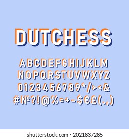 Dutchess vintage 3d vector alphabet set. Retro bold font, typeface. Pop art stylized lettering. Old school style letters, numbers, symbols pack. 90s, 80s creative typeset design template