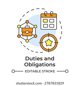 Duties and obligations multi color concept icon. Corporate professional accountability. Responsibility frameworks. Round shape line illustration. Abstract idea. Graphic design. Easy to use