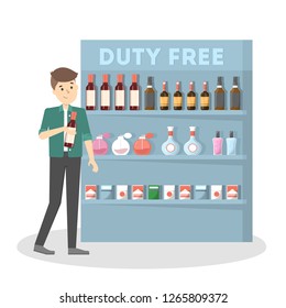 Duty free in the airport building. Man buying cheap sweets, chocolate and drinks. Tax free. Vector flat illustration