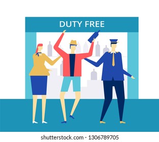 Duty free at the airport - flat design style colorful illustration. High quality composition, fun scene with a security leading a drunk man, tourist holding a bottle. Travel and tourism concept