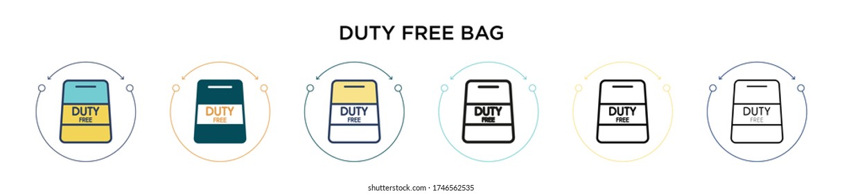 Duty free bag icon in filled, thin line, outline and stroke style. Vector illustration of two colored and black duty free bag vector icons designs can be used for mobile, ui, web