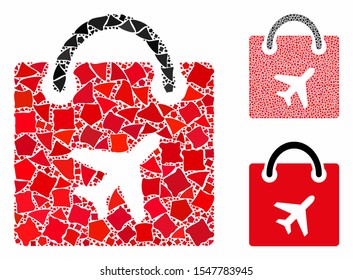 Duty free bag mosaic of bumpy parts in variable sizes and shades, based on duty free bag icon. Vector rough parts are composed into collage. Duty free bag icons collage with dotted pattern.
