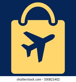 Duty Free Bag vector icon. Style is flat yellow symbol, rounded angles, blue background.