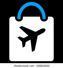 Duty Free Bag vector icon. Style is flat bicolor blue and white symbol, rounded angles, black background.