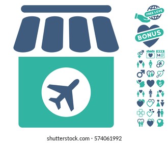 Duty Free icon with bonus love images. Vector illustration style is flat iconic cobalt and cyan symbols on white background.