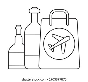 Duty free icon vector in outline style. Bag with bottle are shown. Airline sign on the bag side.