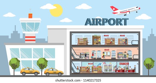 Duty free interior in the airport building. People buying cheap products: alcohol, perfume and chocolate. Tax free. Vector flat illustration