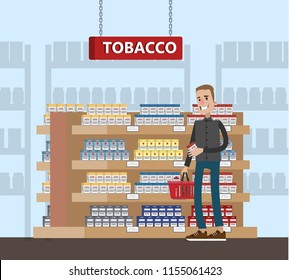 Duty free interior in the airport building. Man buying cheap tobacco or cigarette. Tax free. Vector flat illustration