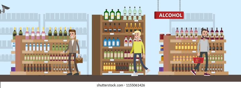 Duty free interior in the airport building. People buying cheap alcohol. Tax free. Vector flat illustration