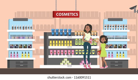 Duty free interior in the airport building. People buying cheap cosmetics and perfume. Tax free. Vector flat illustration